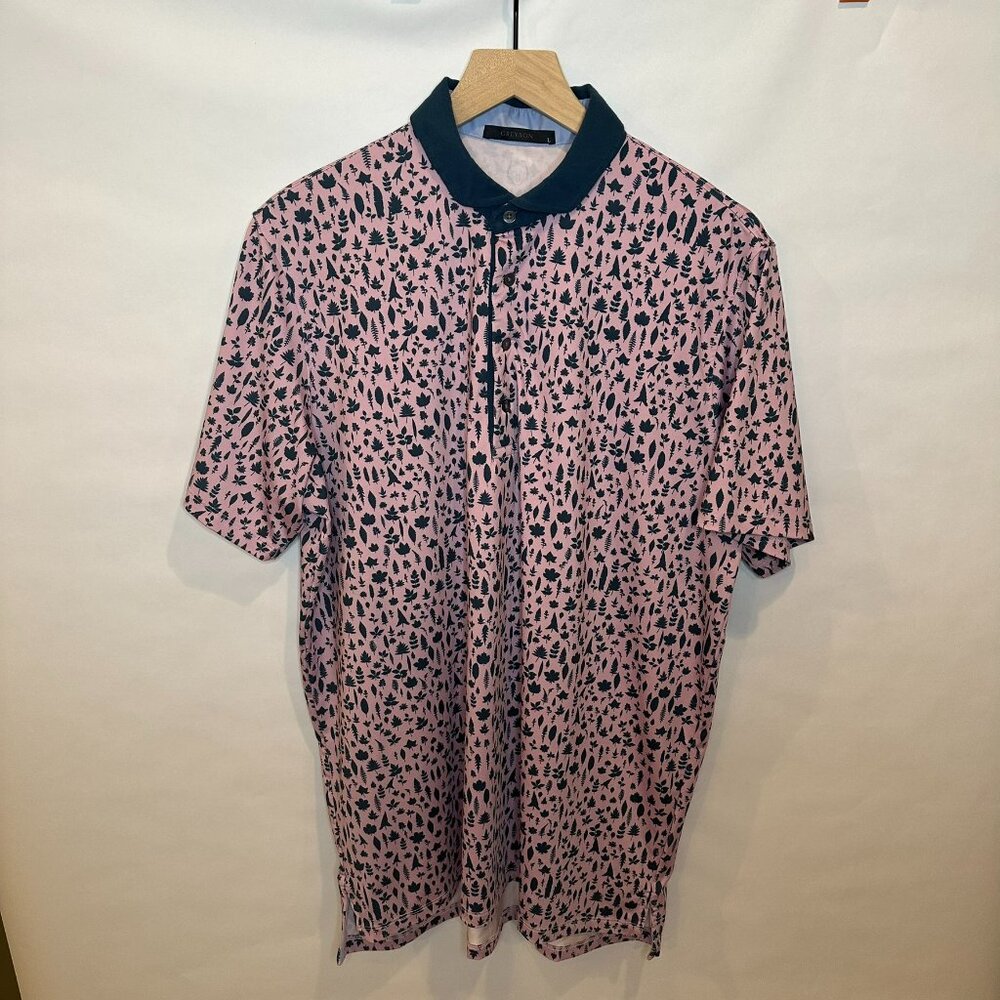 Grayson golf performance polo pink blue fern print L